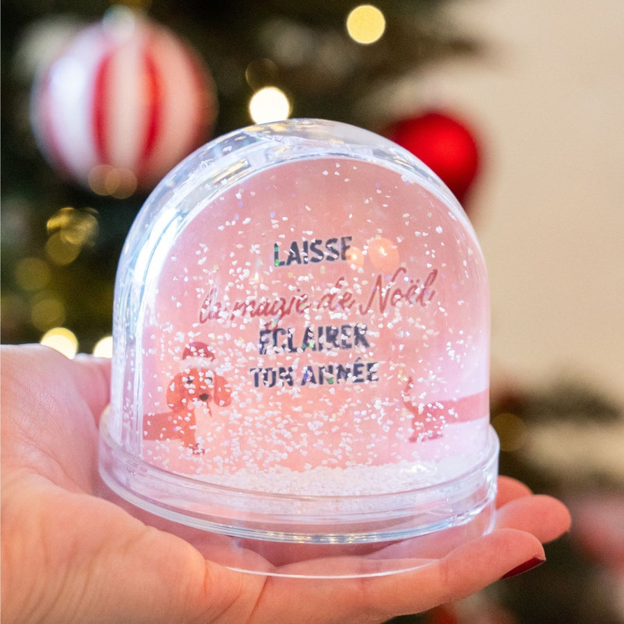 Boule à neige avec teckel en bonnet de Noël, vue de face