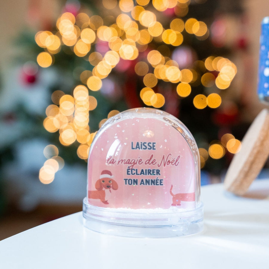 Boule à neige avec teckel en bonnet de Noël, vue de côté