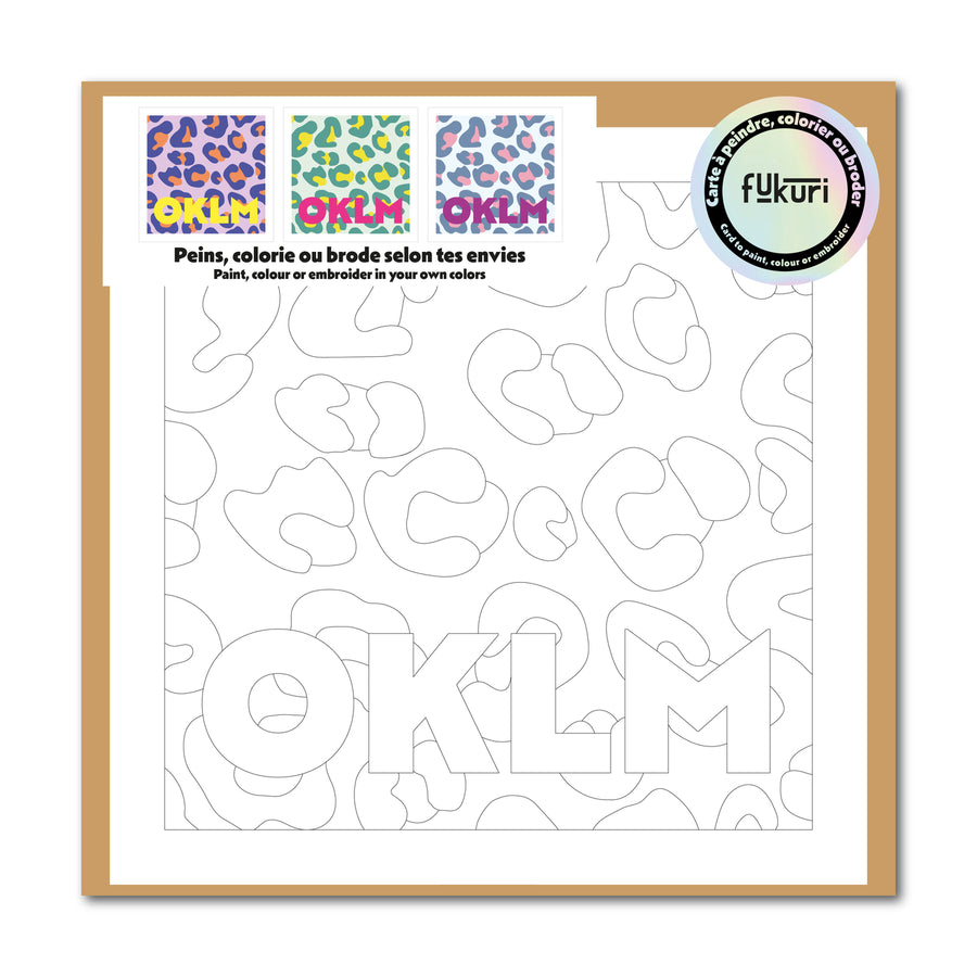 Carte à colorier avec inscription 'OKLM' et motifs ludiques