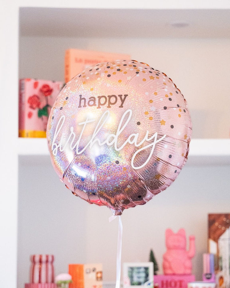 Ballon rose à paillettes avec inscription joyeux anniversaire