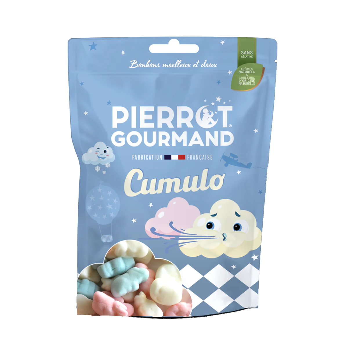 Bonbons en forme de nuage sur fond pastel, texture moelleuse.