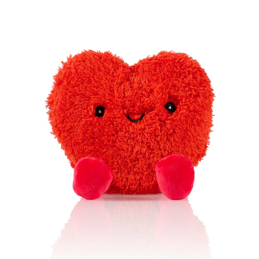 Bouillotte en forme de cœur avec pattes douces et regard affectueux.