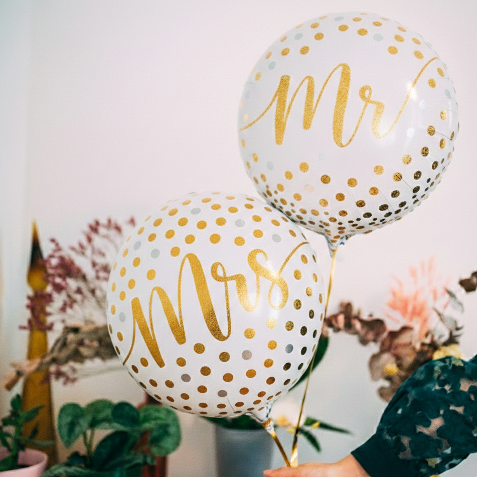 Ballons Mr & Mrs en forme de cœur sur fond blanc
