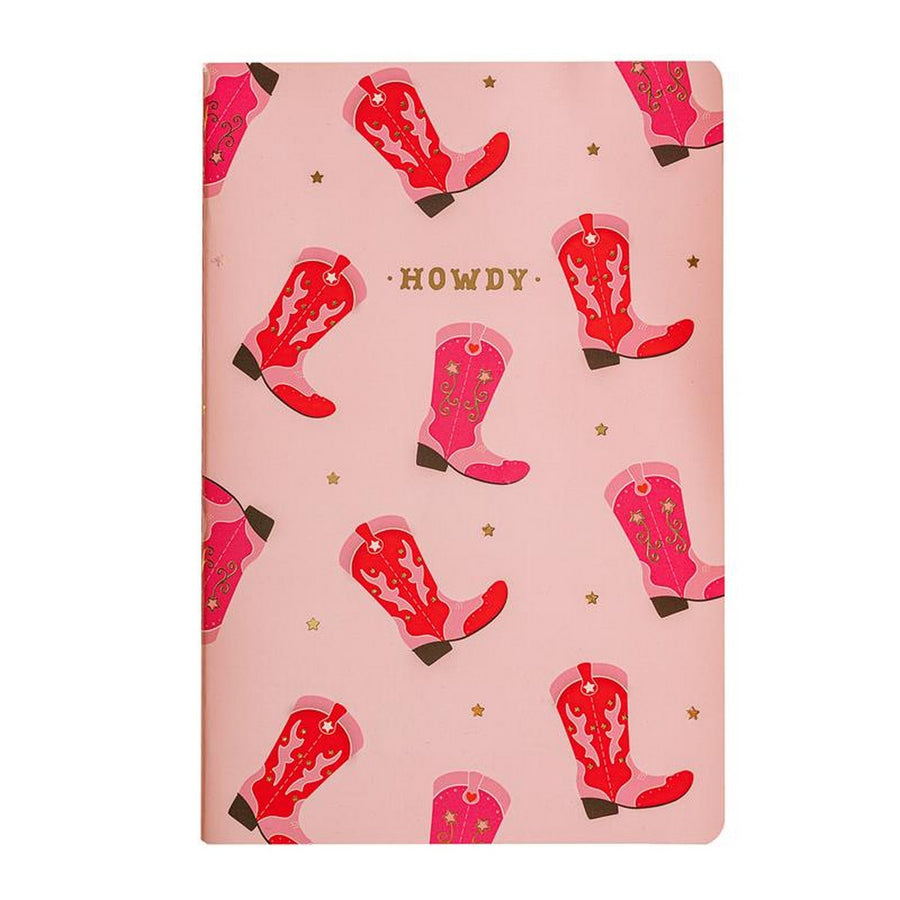 Carnet cowboy avec motif de bottes sur fond clair.