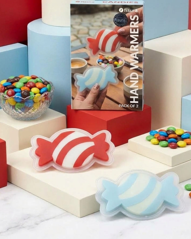 Chauffe-mains en forme de bonbons géants, vue de face