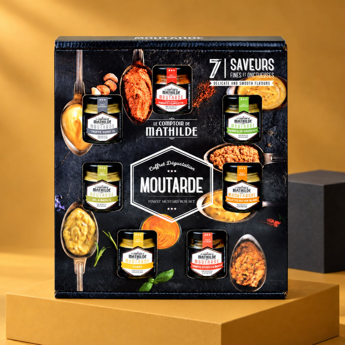 Coffret de 7 moutardes avec étiquettes colorées et variées