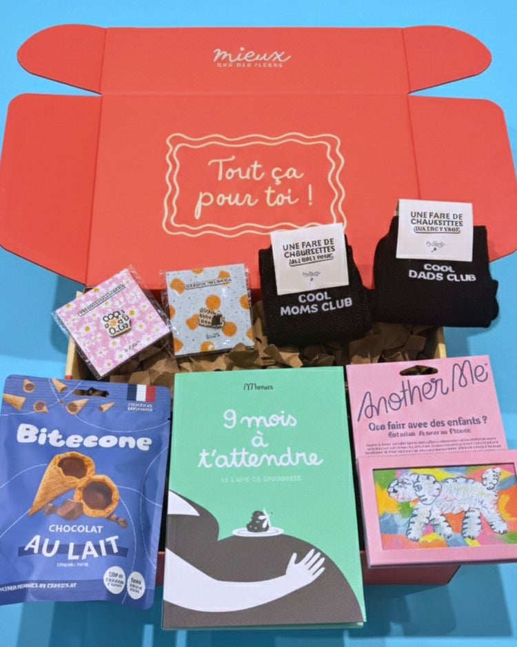 Coffret humoristique pour futurs parents avec accessoires variés