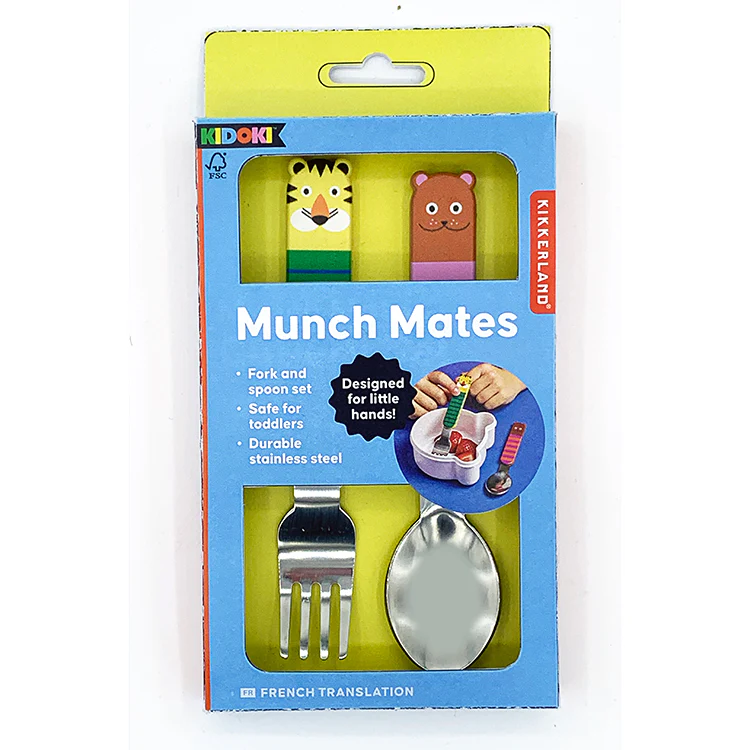 Set de couverts pour enfant avec motifs d'animaux colorés.