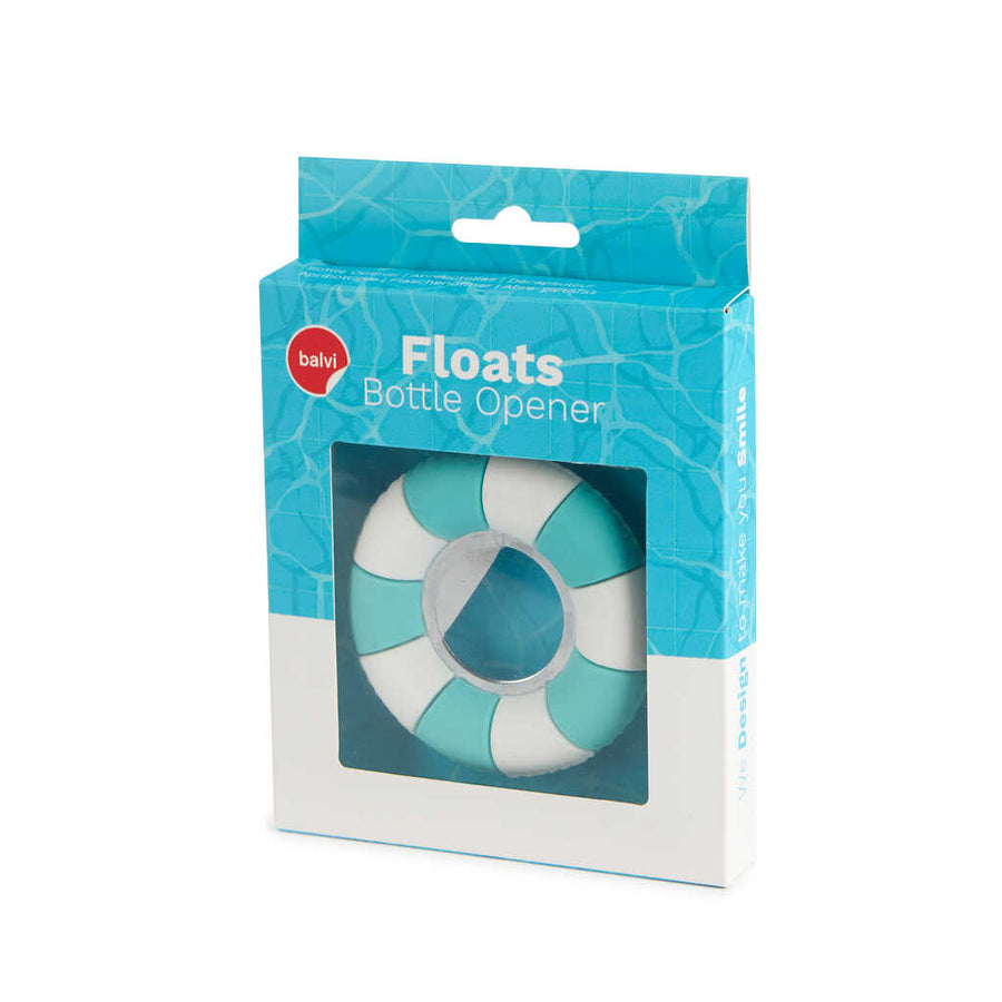 Décapsuleur en forme de bouée, vue de côté avec texture brillante.