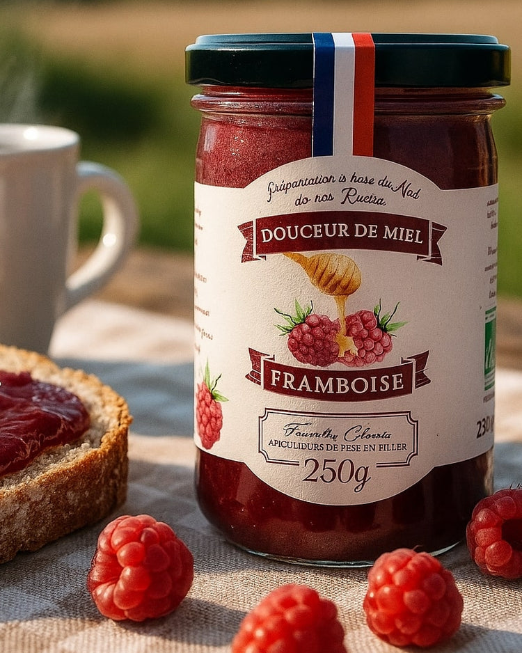 Pot de miel et framboise bio avec texture dorée et fruits visibles.