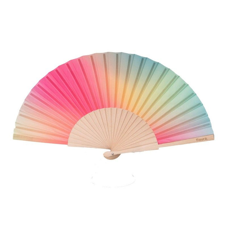 Éventail Rainbow ouvert, motifs colorés et texture en papier.