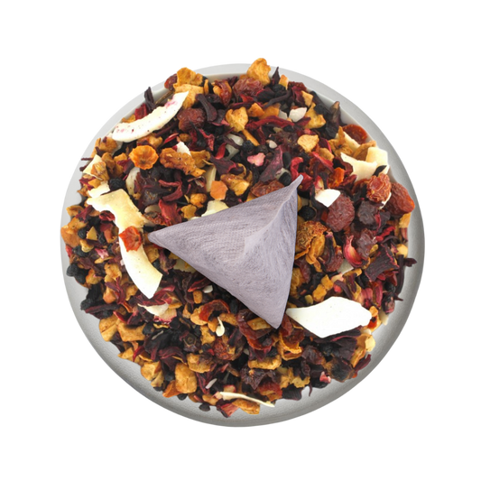 Boîte de thé personnalisée avec infusettes colorées en détail.