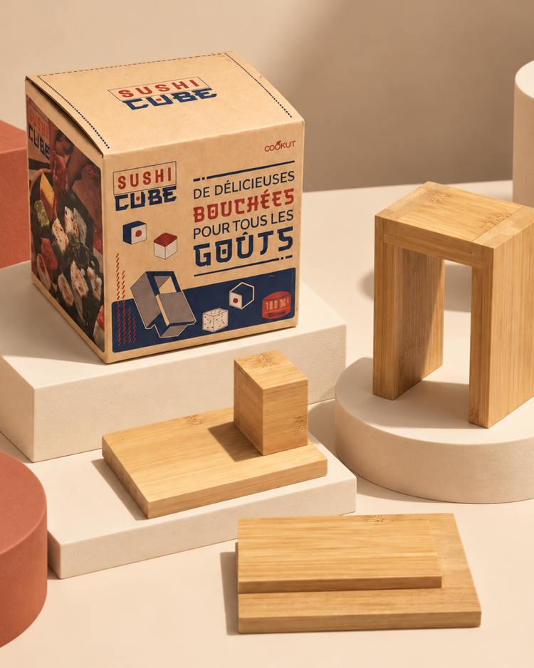 Kit Sushi Cube avec cubes de riz colorés sur fond clair
