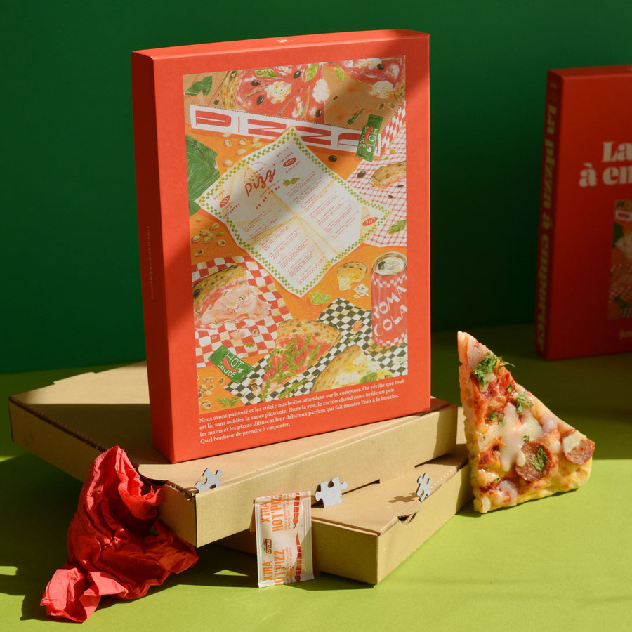Puzzle représentant une pizza à emporter avec des détails appétissants.