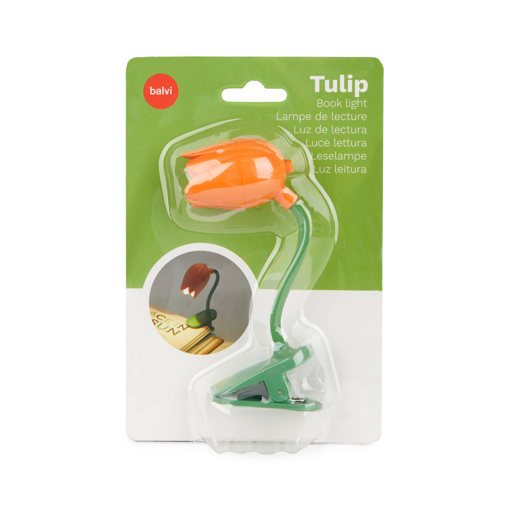 Liseuse tulipe orange avec éclairage doux et design compact.