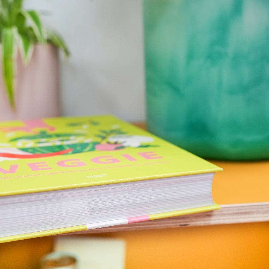 Livre de recettes végétariennes avec une couverture colorée.