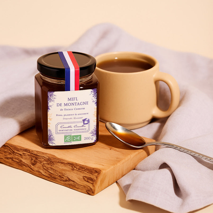 Pot de miel de montagne avec étiquette artisanale en gros plan.