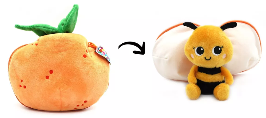 Peluche Buzzet l'Abeille en position assise, détails de texture douce.