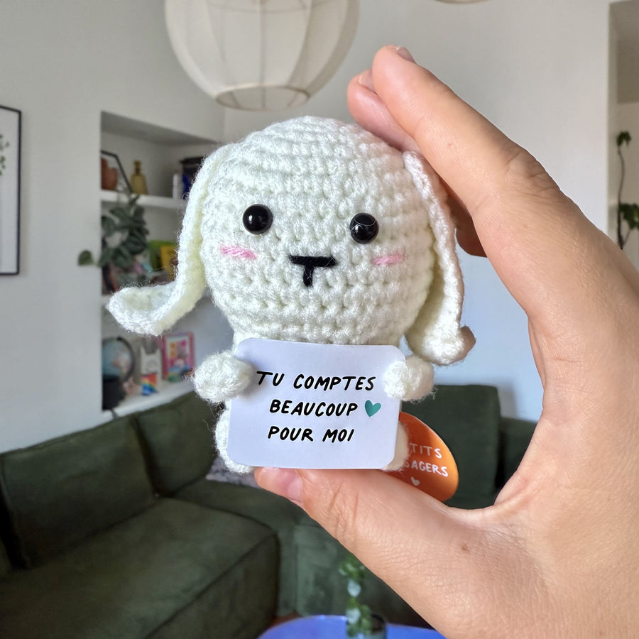 Lapin en crochet avec longues oreilles douces et regard attendrissant.