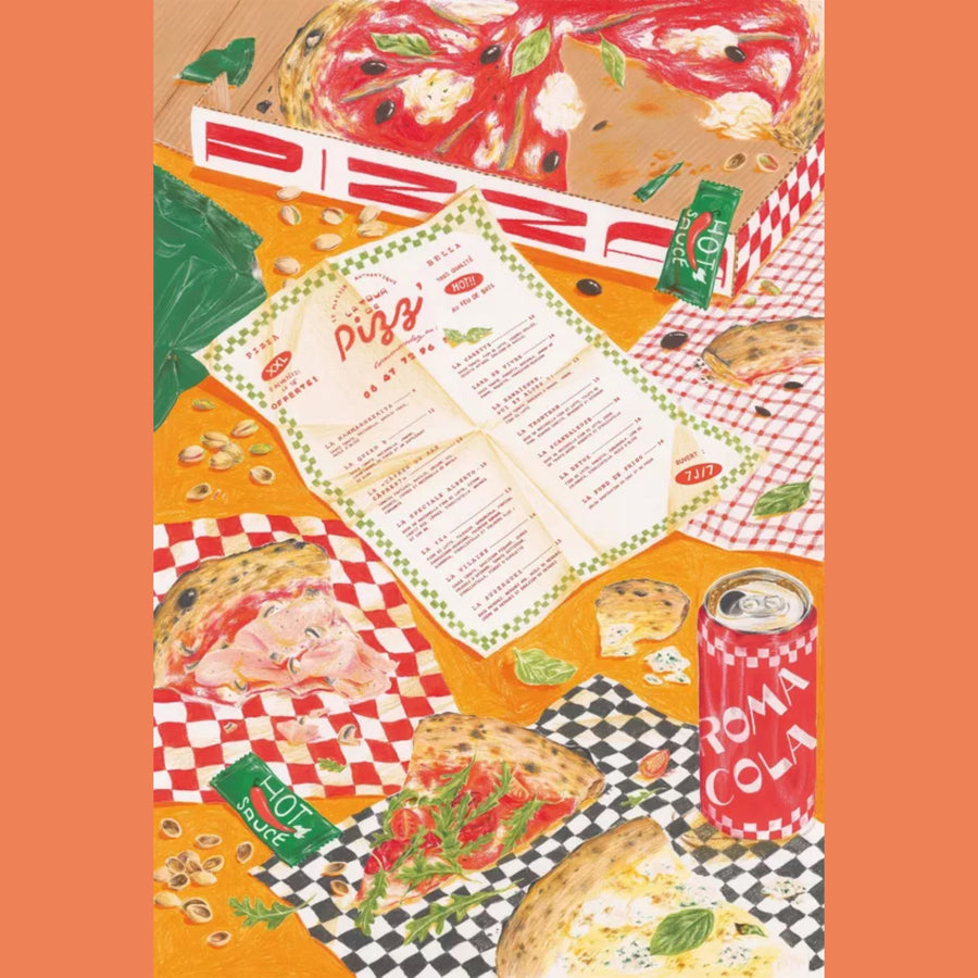 Puzzle en forme de pizza avec des détails de garniture colorés.