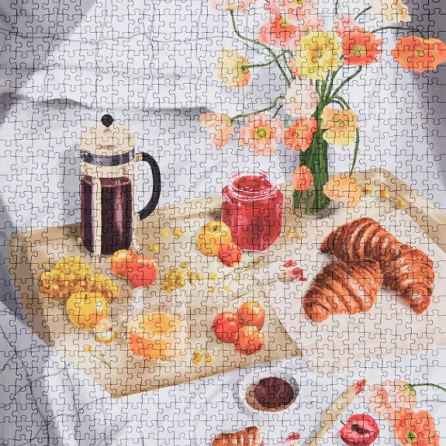 Puzzle L'orée du matin avec pièces colorées et détails de café