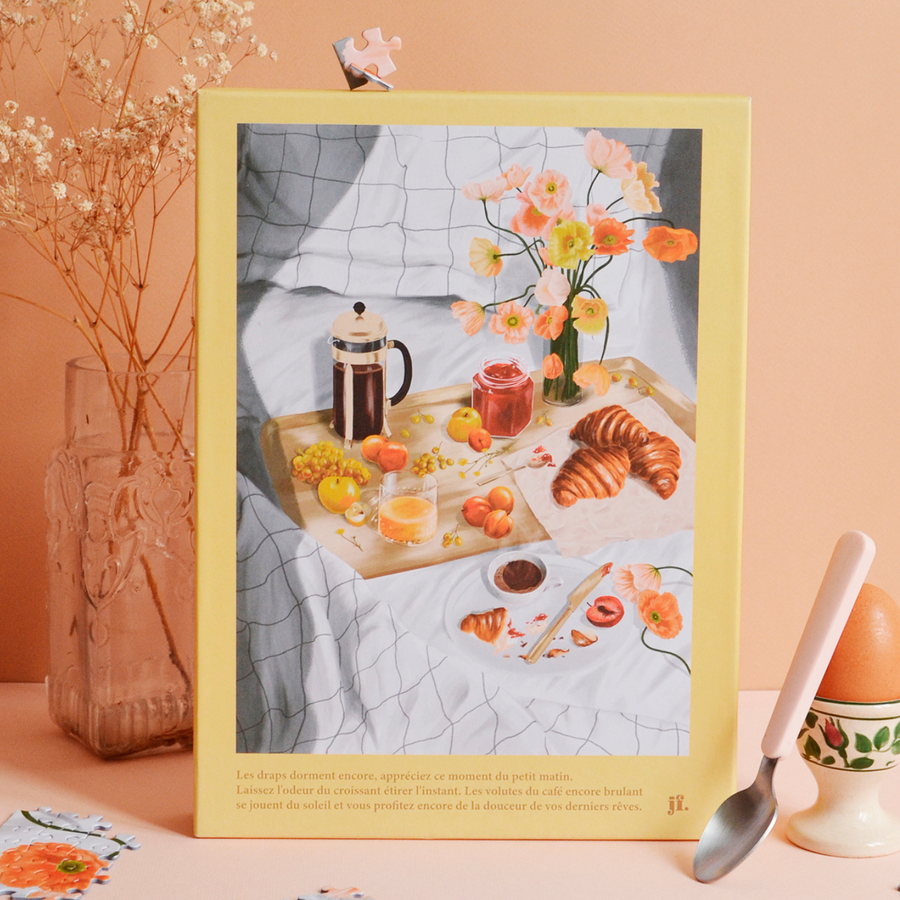Puzzle L'orée du matin avec pièces colorées et détails de café