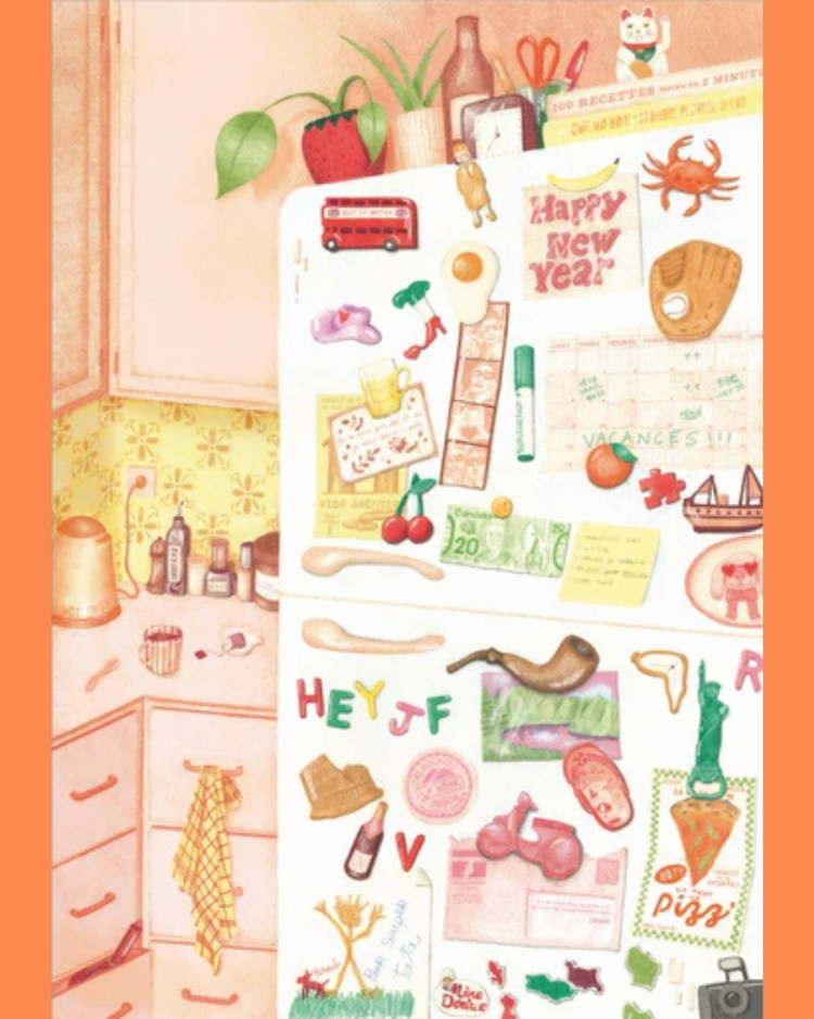 Puzzle représentant un frigo rétro avec des magnets colorés