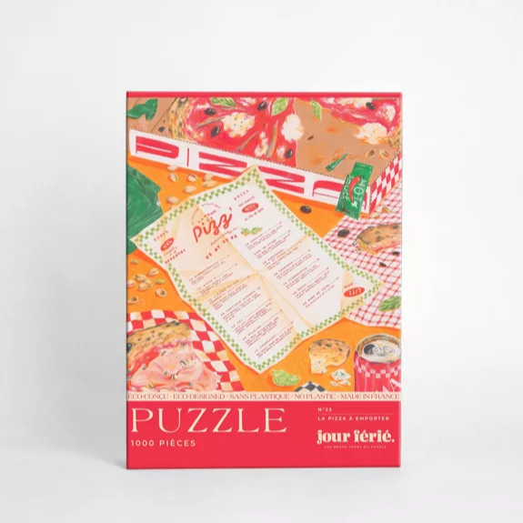 Puzzle en forme de pizza avec des détails de garniture colorés.