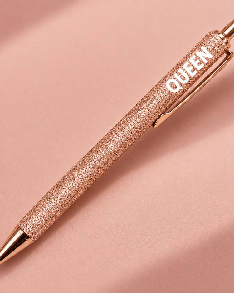 Stylo à paillettes Queen avec un fini rose gold brillant