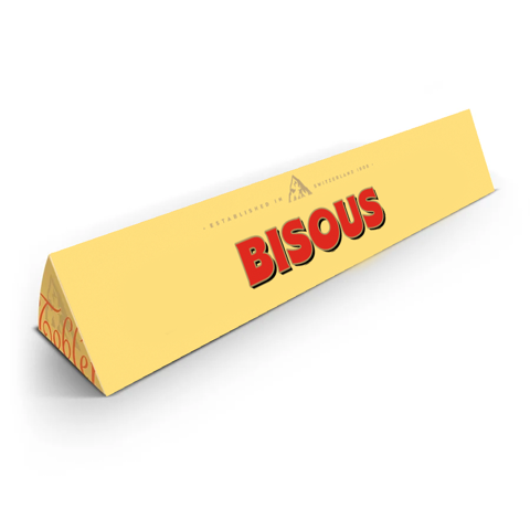 Toblerone Bisous avec emballage coloré et motif romantique.