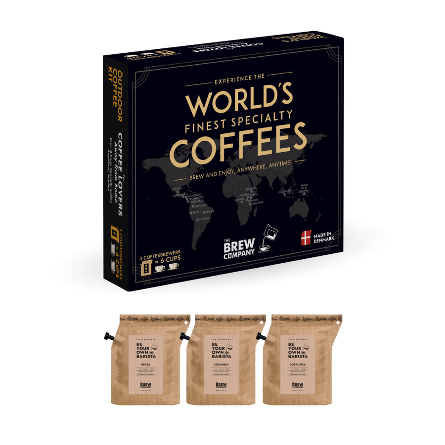 Coffret de café avec sachets colorés et étiquettes distinctives.