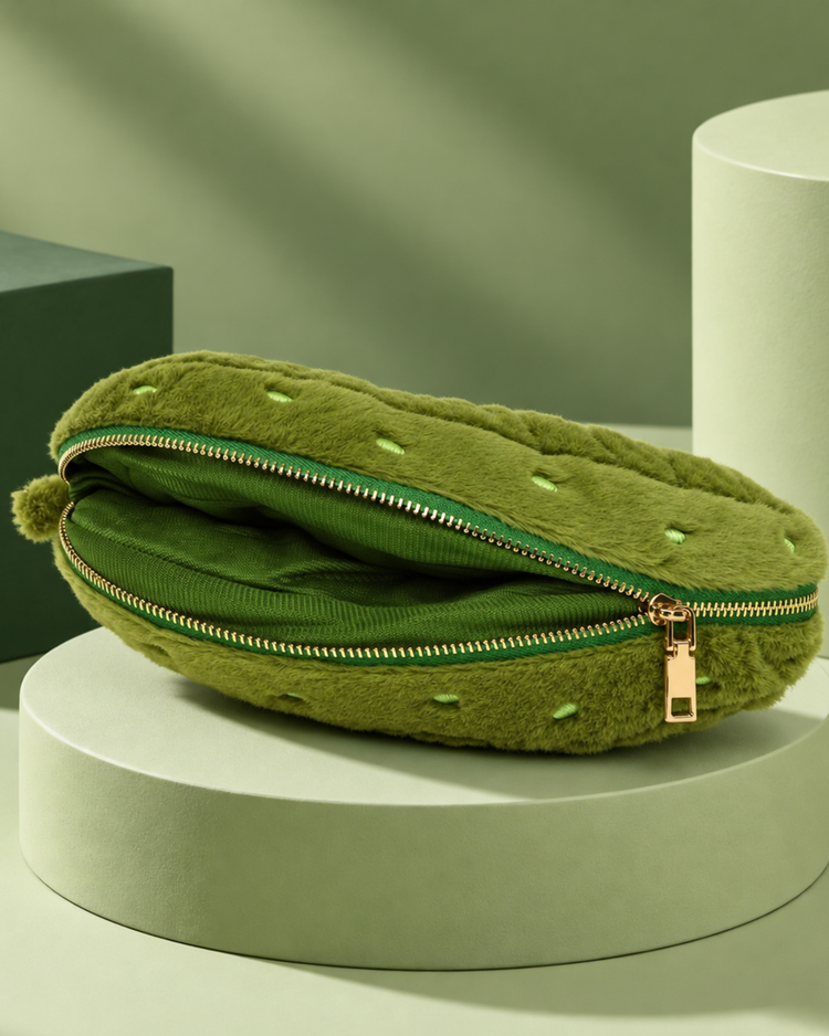 Trousse en forme de cornichon avec fermeture éclair visible