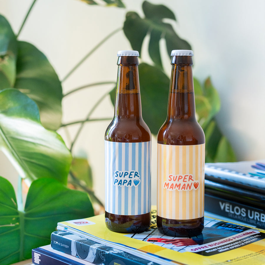 Bière Super Maman avec étiquette colorée et design festif