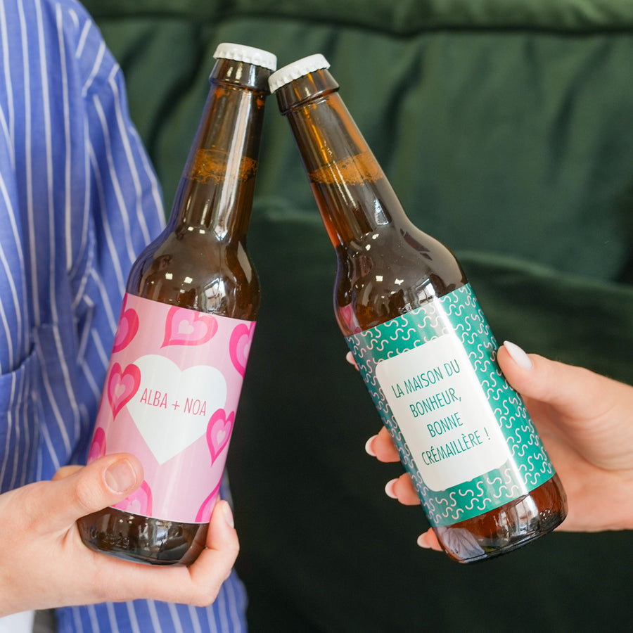 Bière personnalisée avec motif coloré et message unique