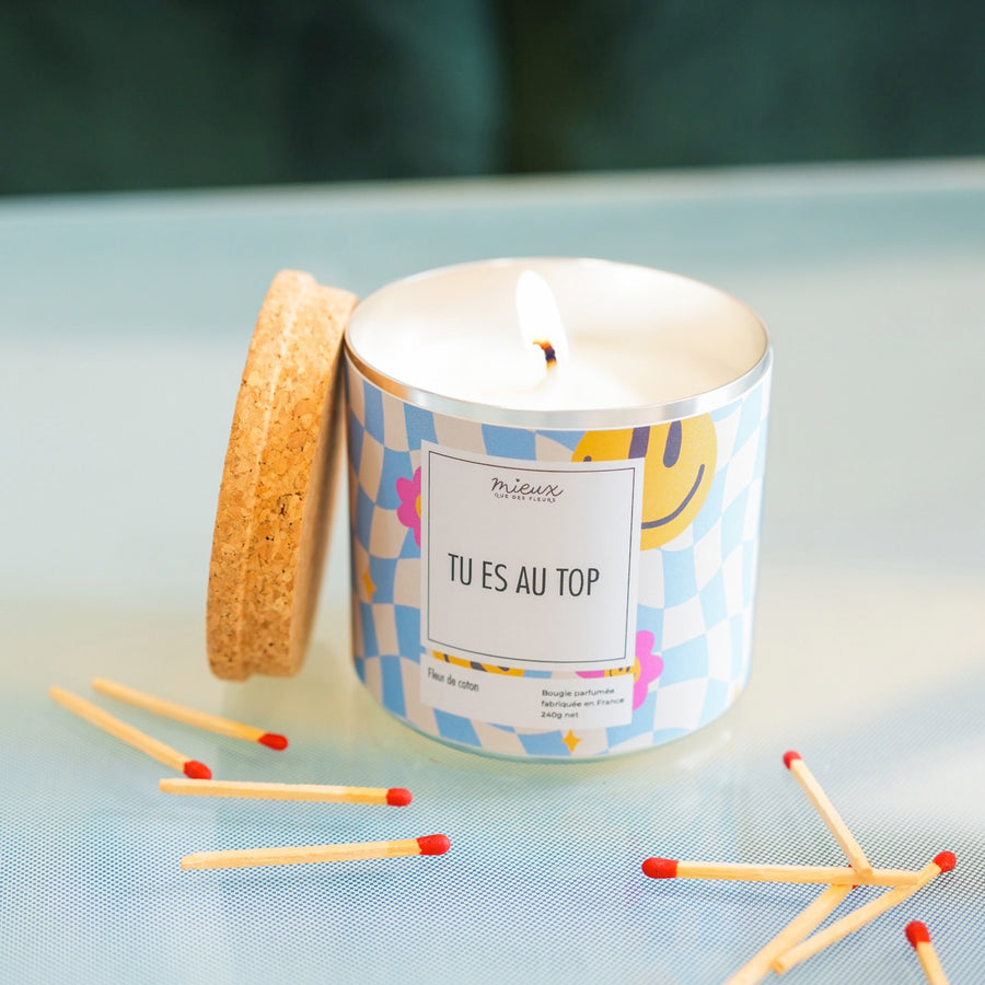 Bougie à message avec motif floral sur le verre