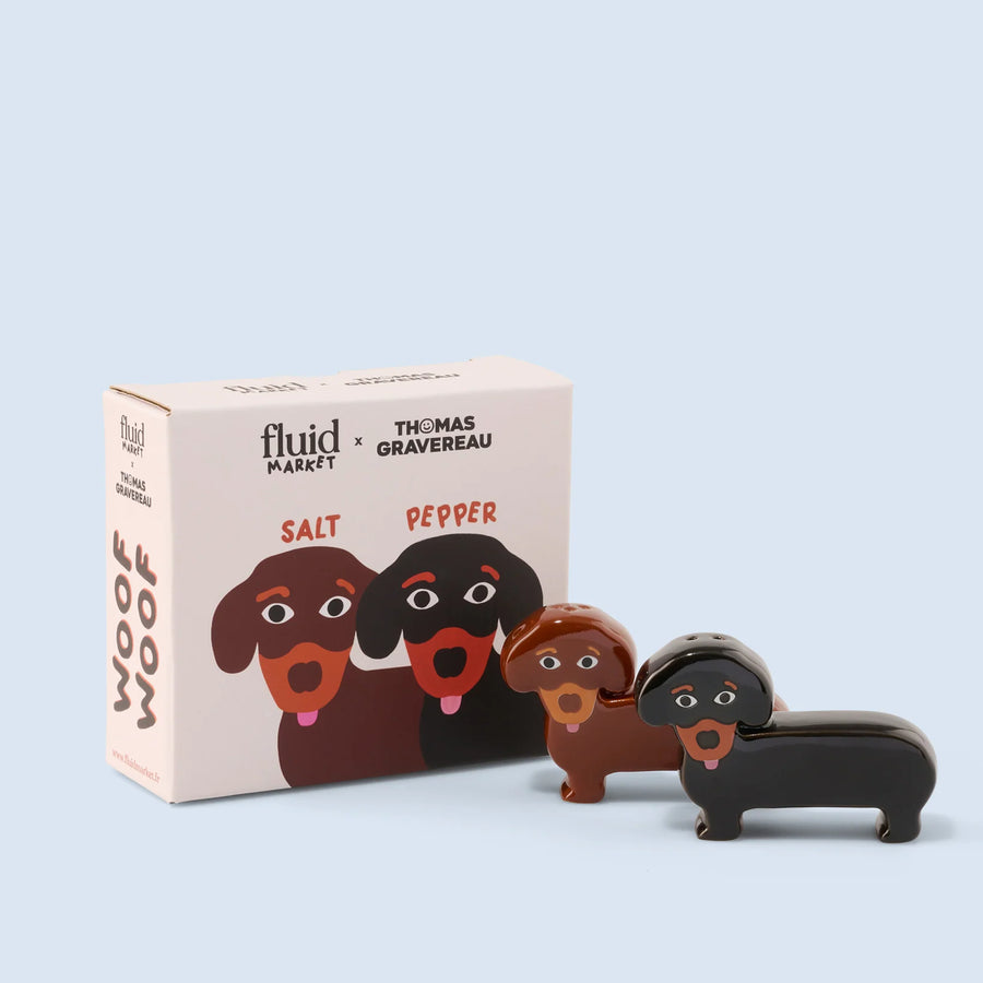 Salière et poivrière teckel en céramique, vue de côté