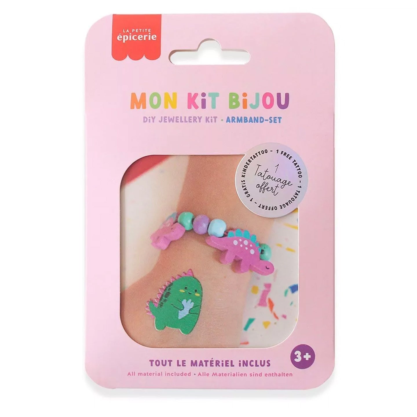 Bracelet en perles en bois avec motifs de dinosaures colorés.