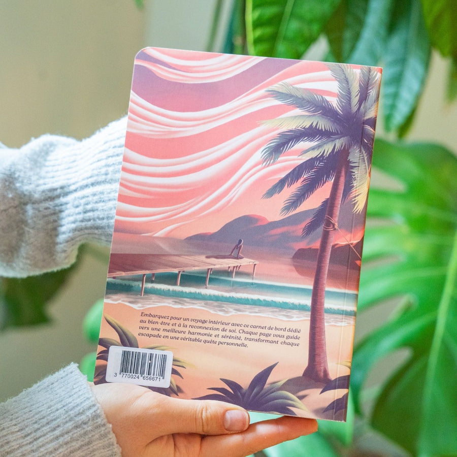 Carnet Bien Être avec motif de hamac et coucher de soleil