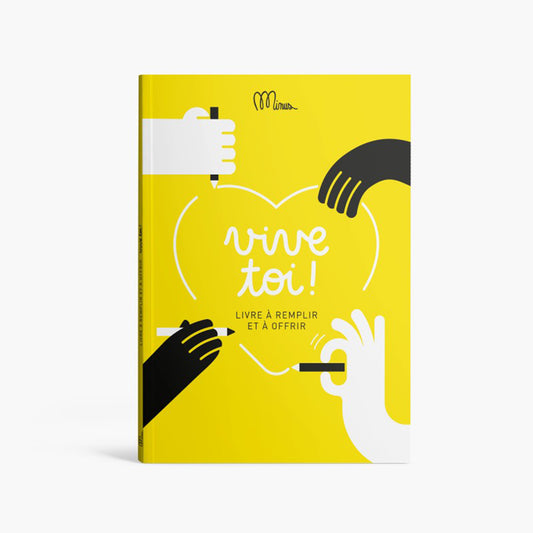 Carnet 'Vive toi !' ouvert, pages blanches avec illustrations humoristiques.