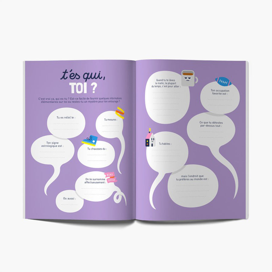 Carnet 'Vive toi !' ouvert, pages blanches avec illustrations humoristiques.