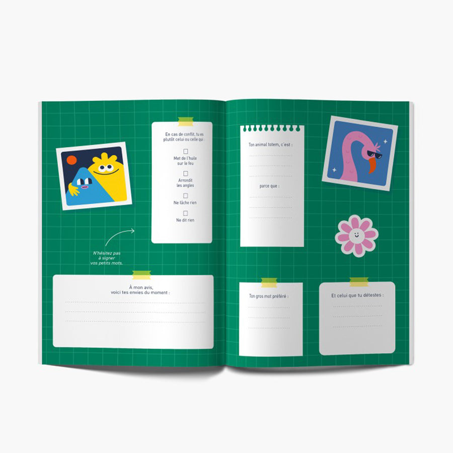 Carnet 'Vive-toi !' ouvert, pages blanches avec illustrations humoristiques.