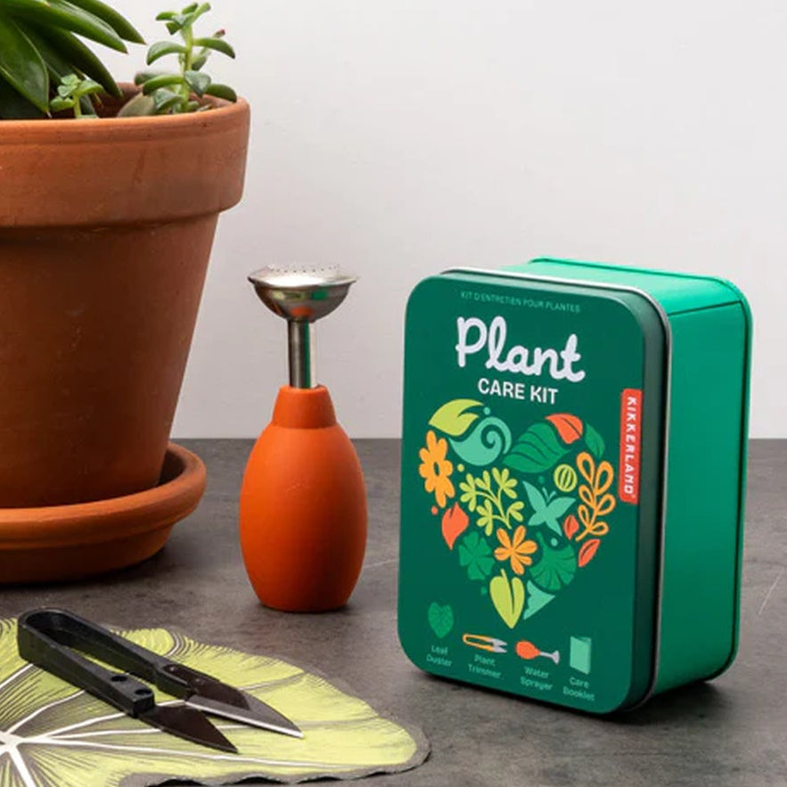 Kit d'entretien pour plantes avec outils variés sur fond clair