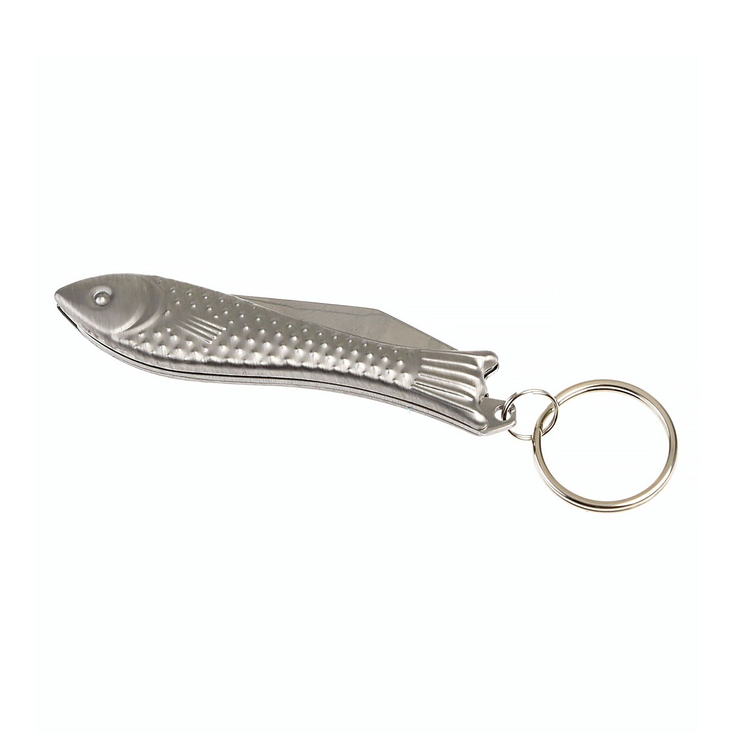 Porte-clés en forme de poisson avec lame visible et texture métallique.