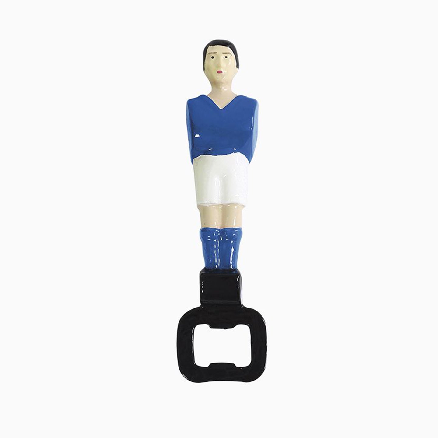 Décapsuleur en métal bleu en forme de joueur de baby-foot
