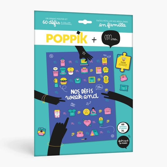 Poster à stickers coloré avec défis pour enfants, design ludique.