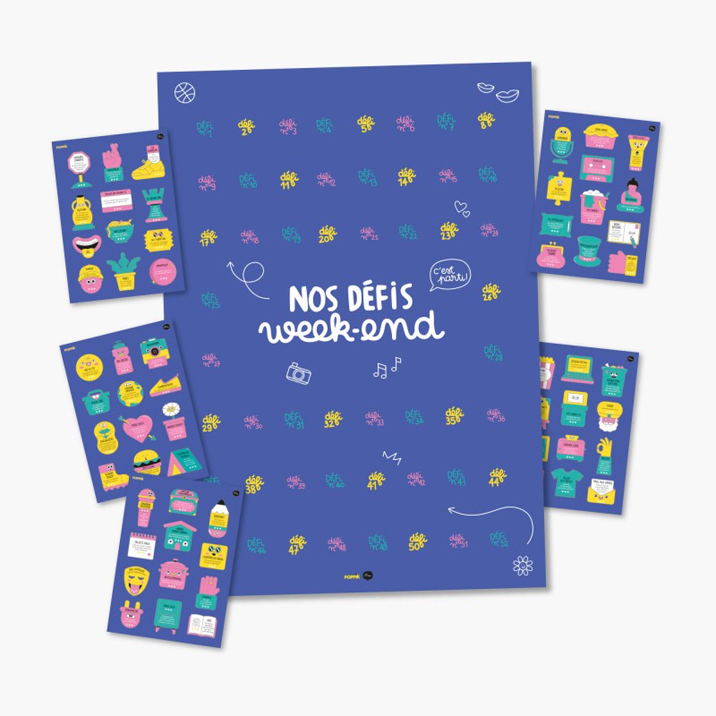 Poster à stickers coloré avec défis pour enfants, design ludique.