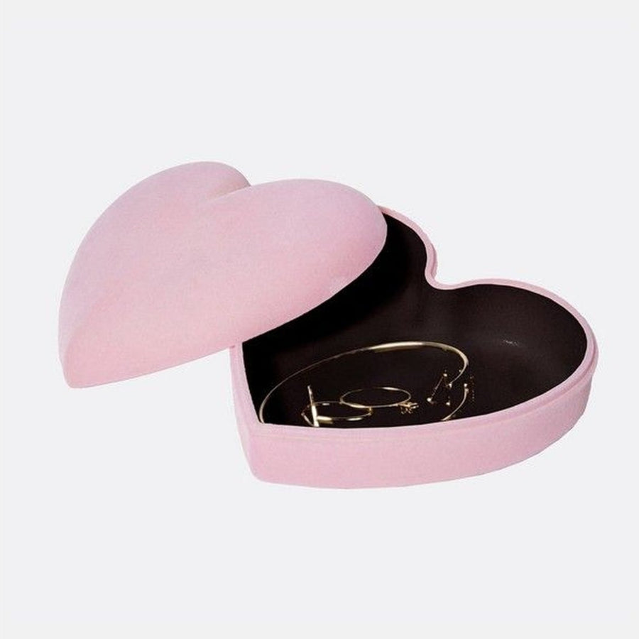 Boîte à bijoux en velours rose en forme de cœur, vue de dessus