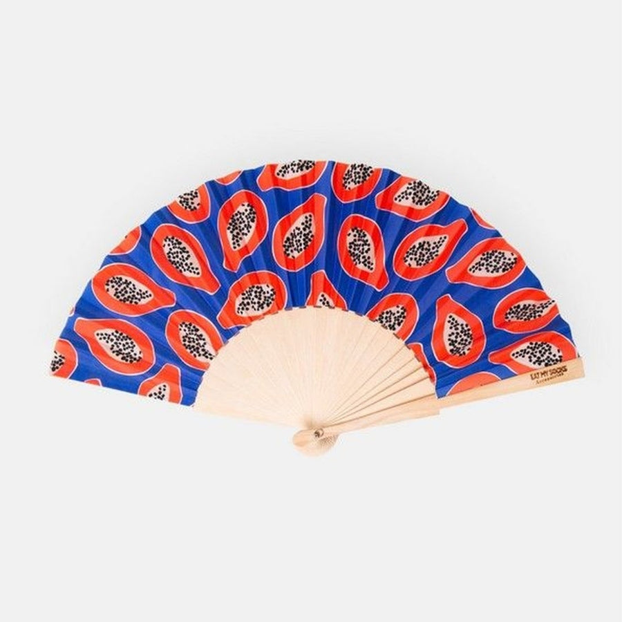 Éventail Papaye ouvert, motif tropical vibrant et texture légère