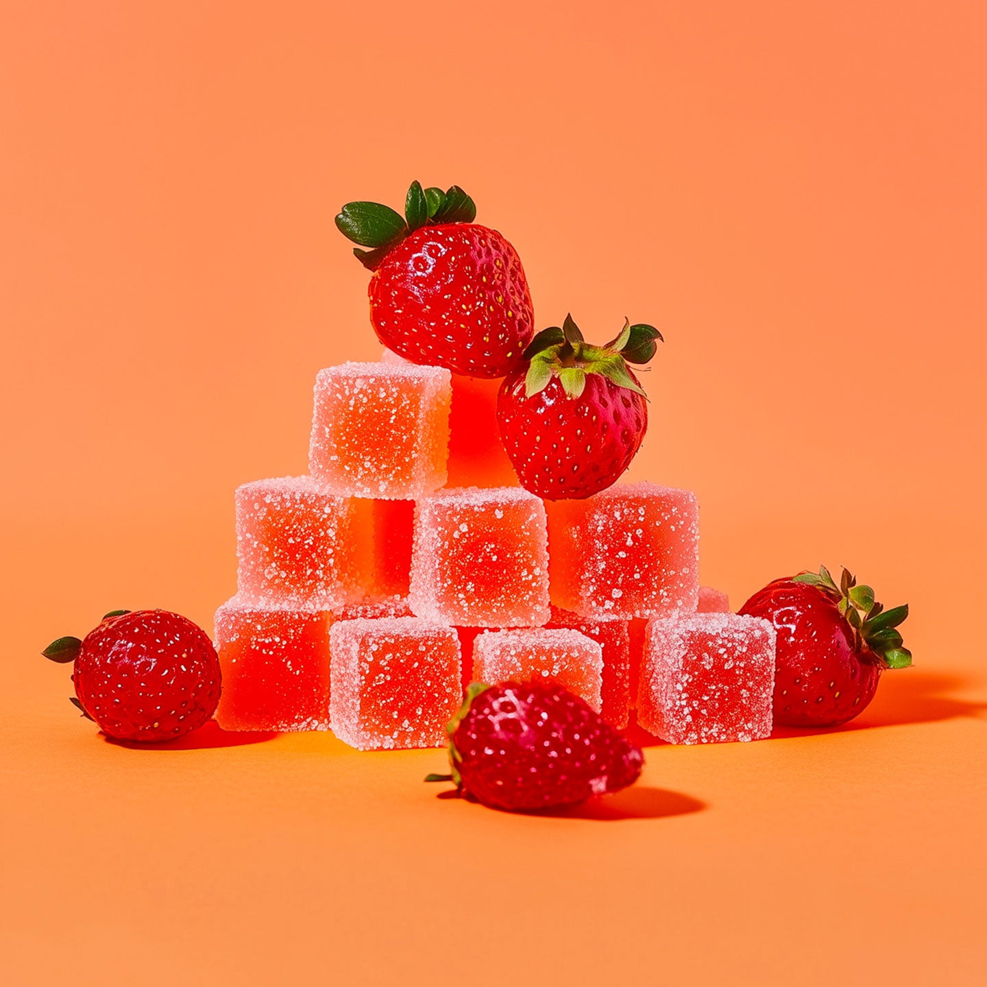 Gummies au CBD en forme de fraise des bois, texture brillante.