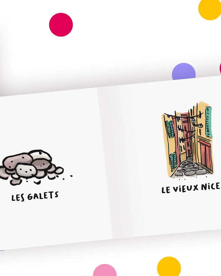 Illustration colorée de la ville de Nice dans un imagier pour enfants.